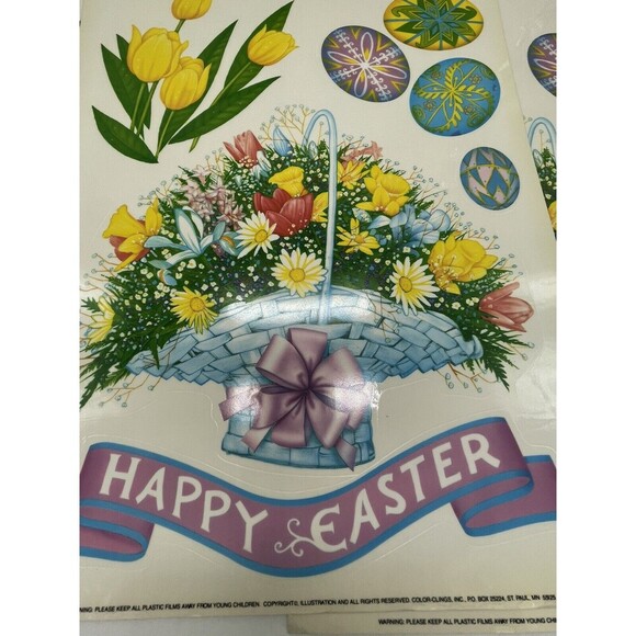 Vintage Lot of 4 Easter Egg Flower Basket Window Clings Vinyl Decoration - Picture 7 of 12
